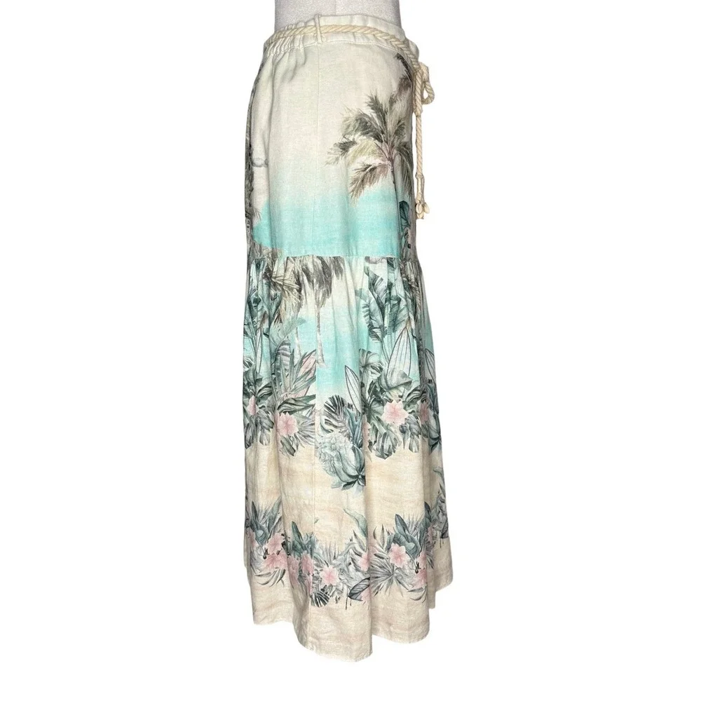 Joie Midi Skirt Tiered‎ Medium Linen Blend Rope Shell Belt Hawaiian Beach Pastel